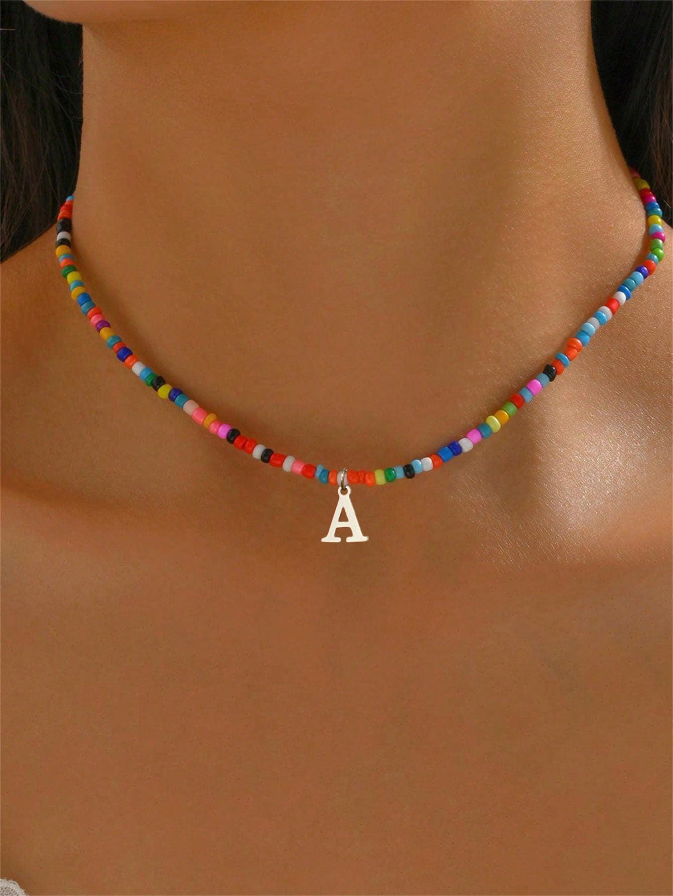 

Minimalist Light Luxury Colorful Beaded Necklace with 26 Alphabet Charms - Popular Women s Jewelry F