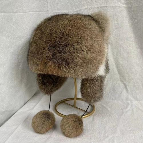 Rabbit Fur Whole Leather Hat Cat Ear Hat Autumn and Winter Ladies Sweet Cute Ball Fur Ear Hat Thickened Warm