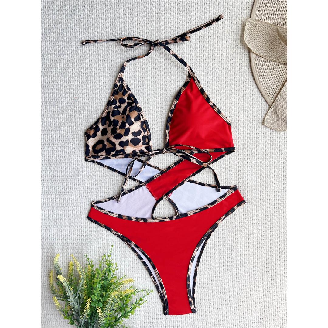 

Сексуальный леопардовый Холтер женский купальник цельный купальник женский вырез с открытой спиной купальный костюм купальный костюм леди L красный