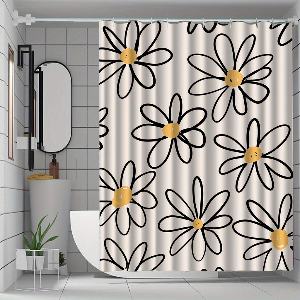 1pc white floral pattern shower curtain with hooks, bathroom partitions, bathroom accessories, home decoration