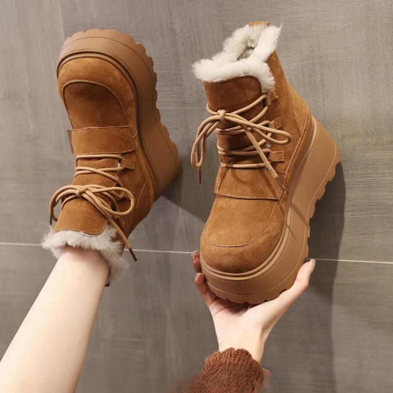 Fashion 7cm Suede Cow Genuine Leather Platform Wedge Ankle Booties Ethnic Flats Winter Plush Autumn Spring Lady Women Boots Shoes