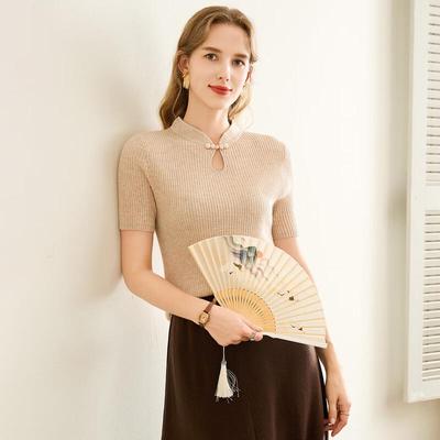 TUHUANG New Chinese Style Beaded Qipao Collar Knit T-shirt
