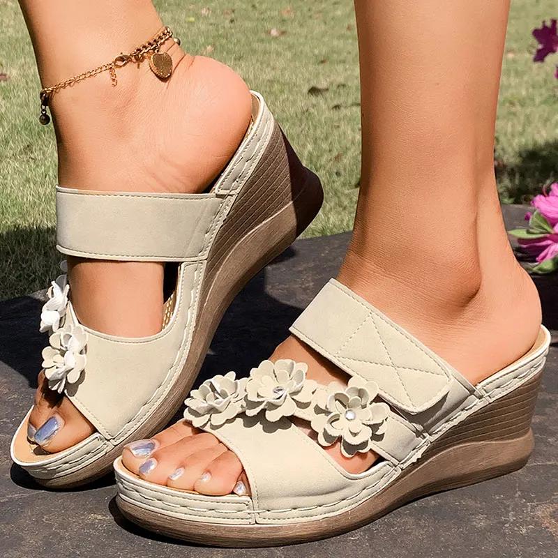 Women's Retro Flower Decor Wedges Sandals Plus Size Comfort Non Slip Beach Slippers Thick Sole Chunky Platform Roman Sandals