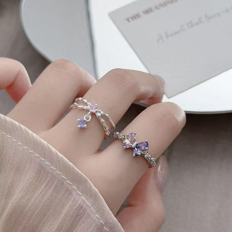 Super Immortal Purple Pink Diamond Sweet Cool Flower Opening Ring Jane Girl Niche Light Luxury Advanced Sense Stacking Wear Index Finger Ring