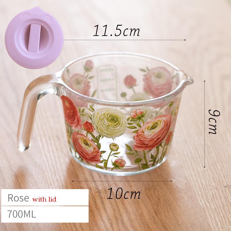Retro Flower Measuring Cup with Lid Glass Milk Juice Cup with Scale Measuring Jars Household Kitchen Gadgets Baking Cooking Tool