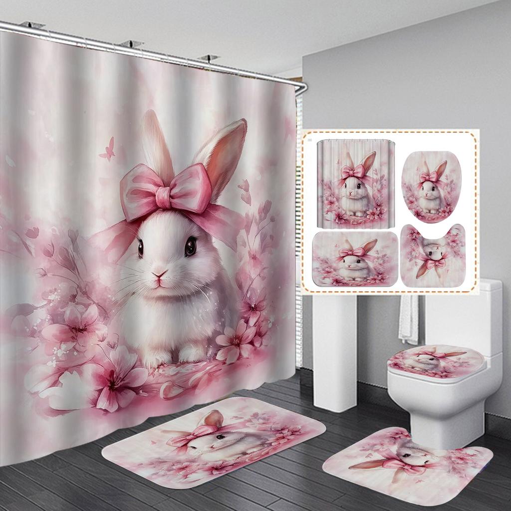 4pcs Easter Pink Rabbit Floral Print Waterproof Shower Curtain With 12 Hooks Non-Slip Bathroom Rug Toilet U-Shape Mat Toilet Lid Cover Pad