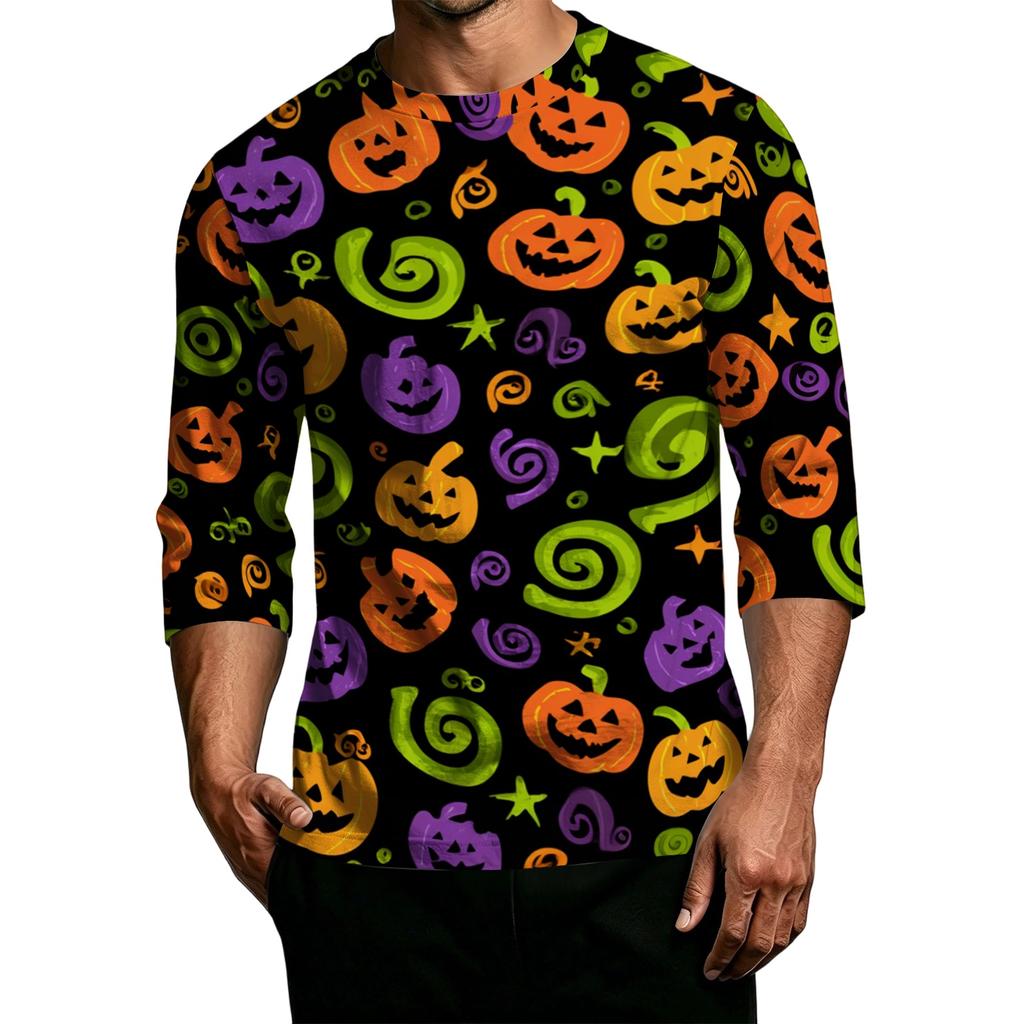 Men's Casual Halloween Print Crew Neck T Shirt Three Quarter Sleeve Top Lightweight Comfortable Fit Seasonal Design