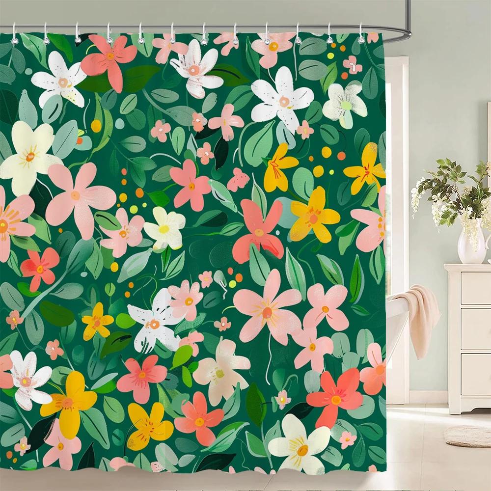 Home Shower Curtains for Bathroom Waterproof Fabric Spring Floral  and Plants Bathroom Curtains with Hooks Decorative Curtain