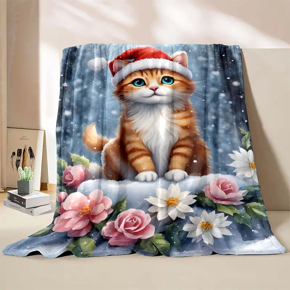 6 Sizes Cat Christmas Printed Blanket Warm Soft and Comfortable Home Travel Blanket Sofa Bedding Cover Blanket Holiday Gifts
