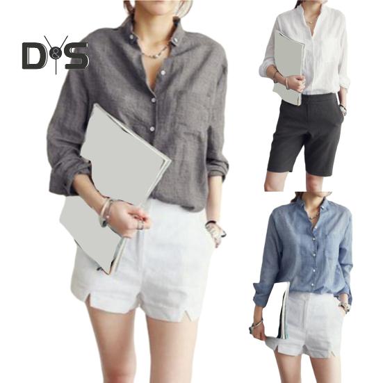 Women Lapel Long Sleeve Shirt Tops Loose Fit Single breasted Patch Pocket Thin Casual Shirt Workwear