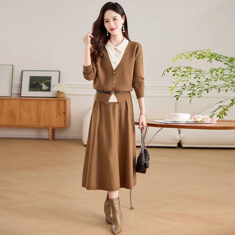 2025 New Autumn & Winter Two-Piece Knitted Patchwork Wool Dress Set - Chic & Stylish