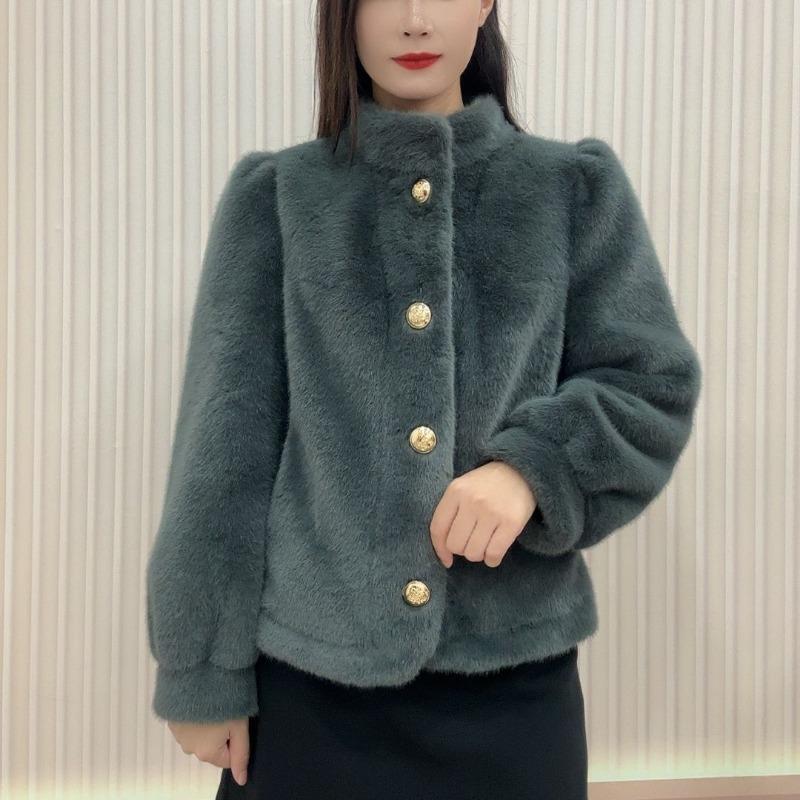 Cappotto Corto di Visone Caldo Spesso Manica Lunga Collo Alto Versatile Capispalla Autunno Inverno