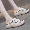 Fashion Genuine Leather Slippers Women Hollow Mules Summer Open Toe Breathable Casual Shoes Wedges Platform Lace-up Sneakers