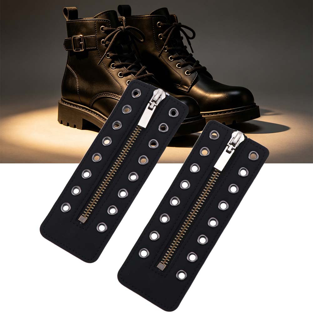 Schwarze Leder Schnürstiefel Reißverschluss Einsätze Metallösen 8 Löcher Reißverschluss Stiefelschnürsenkel Schuhzubehör Verstellbar Keine-Krawatte Schuhschnürsenkel