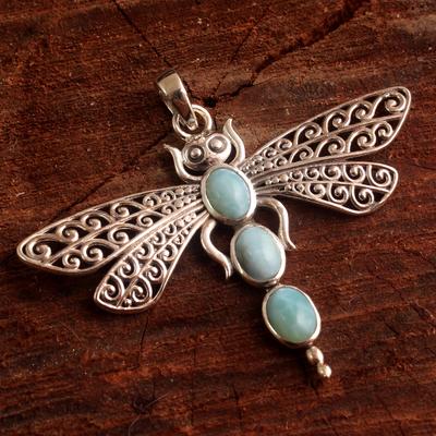Larimar Dragonfly hänge Solid 100 % 925 Sterling Silver Berlock Smycken Damhänge