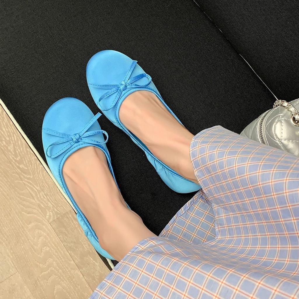 One-pedal blue ballet flat shoes women's 2025 new satin gentle bow round head flat shoes