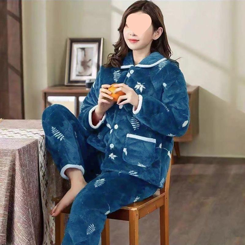 Pajamas women's winter warm winter fleece thickened coral fleece three layers of cotton autumn and winter women's loungewear