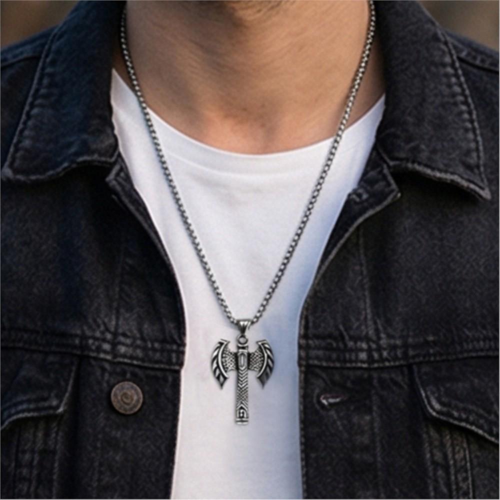 Silver Color Viking Axe Shaped Pendant Necklace Men Vintage Style Stainless Steel Neck Chain Punk Jewelry Fashion Gifts Rock