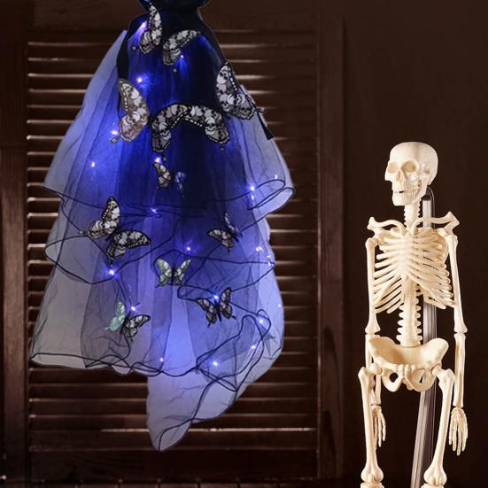 LED Skull Gothic Hairveil Luminous Headband Veil Hairpin with Butterflies Women Ghost