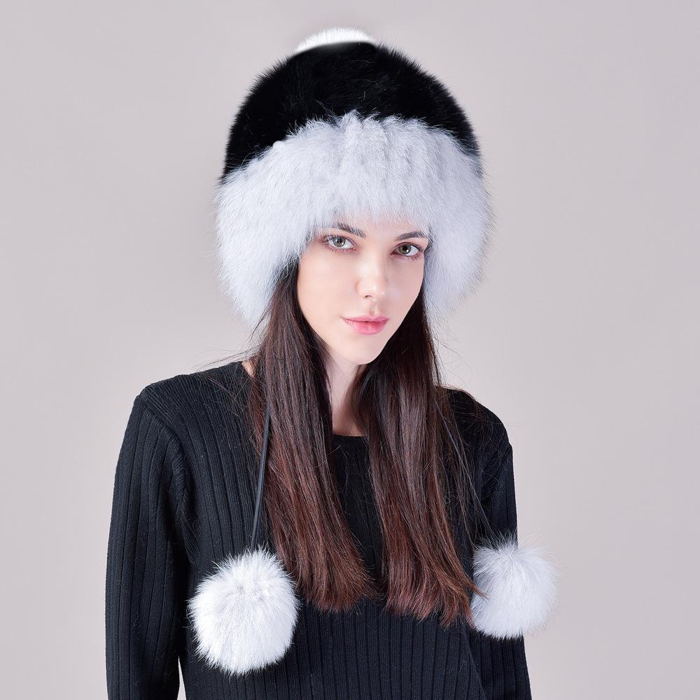 Winter hat, female fox fur, leather straw hat, knitted thickened wool hat, sweet and cute, ear protectors to keep warm
