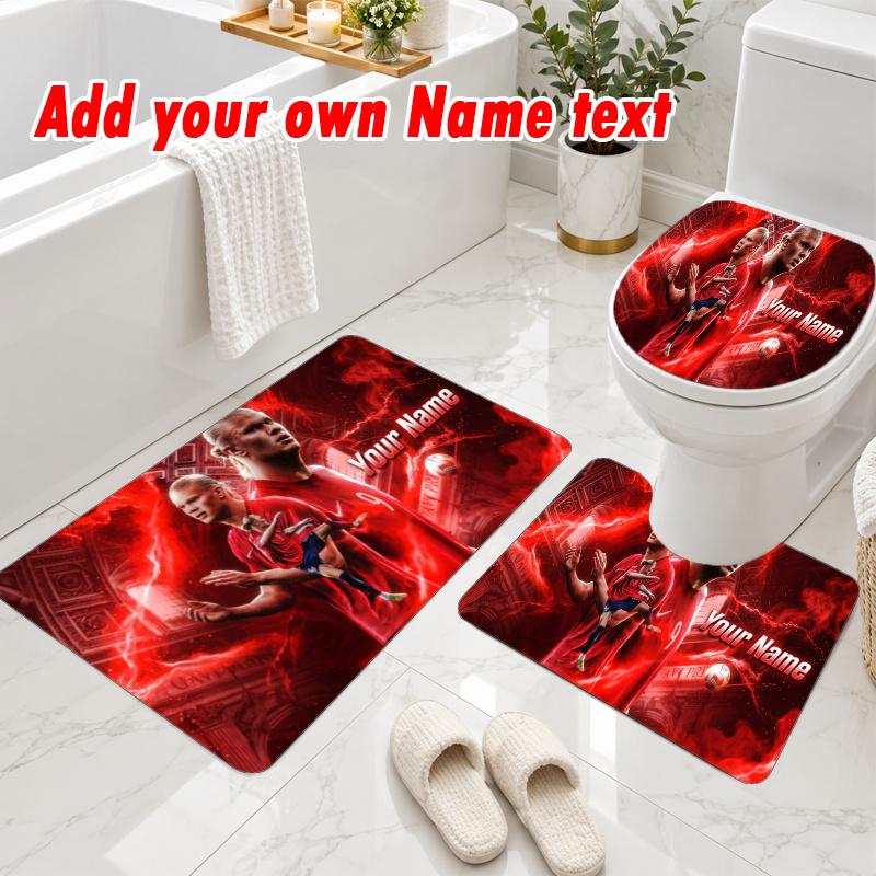 Personalized Erling Haaland 3Pcs Flannel Toilet Mat Set Custom Text Bathroom Rug Non Slip