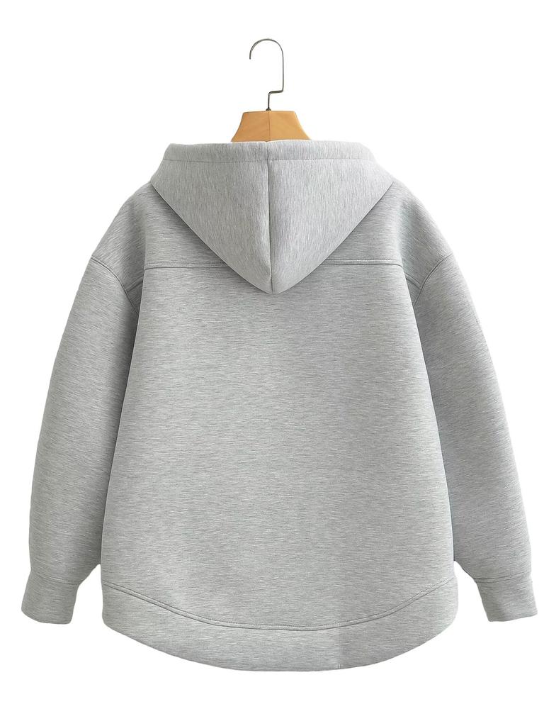 Autumn Women Gray Jacket with Hood Long Sleeve Big Pocket Zipper Jacket Coat Woman Loose Casual Outerwear Coat Tops