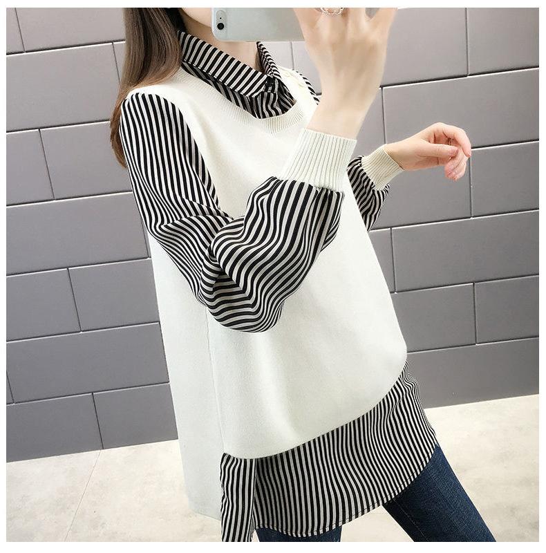 Sweater Women Autumn New Outer Wear Loose Shirt Collar Fake Two Piece Knit Sweater