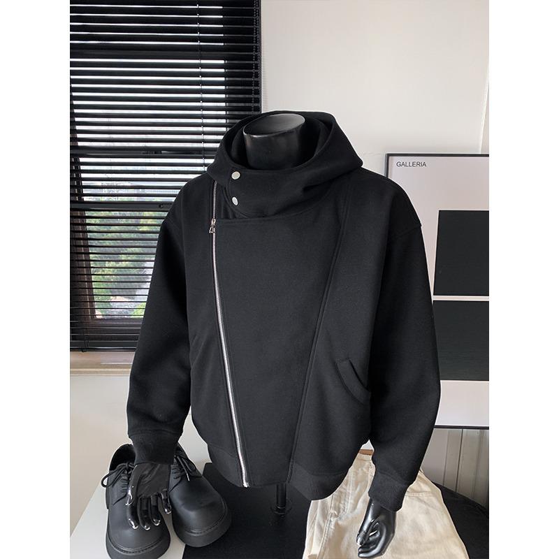 Men's Heavyweight Hooded Sweatshirt with Diagonal Zipper - Short, Boxy Fit