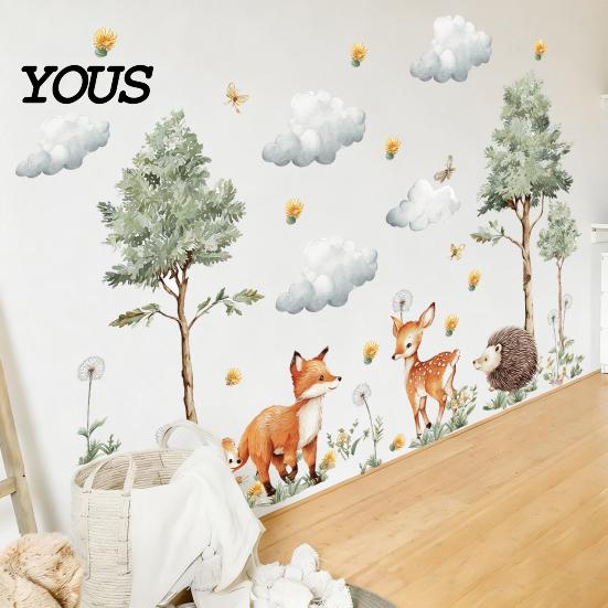 Waterproof Wall Decoration for Bathroom Glass Watercolor Forest Animals Stickers, Cute Fox Deer Hedgehog PVC Decals, Versatile Decor Party Settings