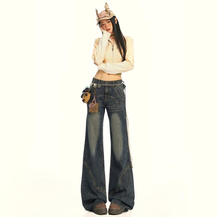 American retro women's autumn high street design sense high waist thin loose slightly pulled jeans