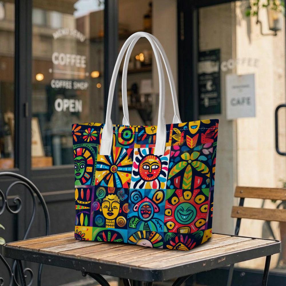 Vibrant Ethnic Totem Print Tote Bag Casual Large Capacity Portable Daily Shopping Shoulder Bags for Women