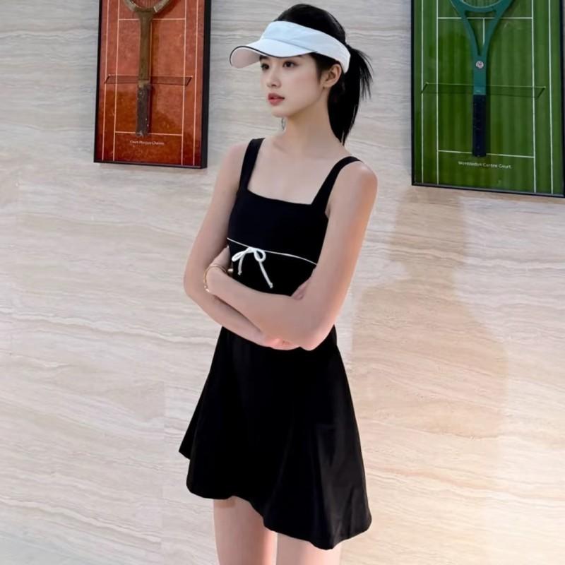 Womens Tennis Dress With Bow Detail Black White Contrast Sporty Elegant Activewear Gym Running