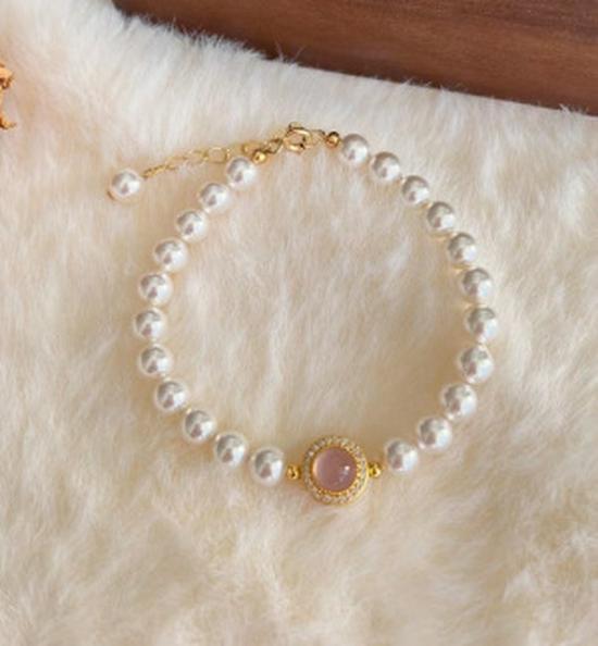 S925 Silver Pink Chalcedony and Pearl Jewelry Set: Bracelet, Necklace, Ring, Earrings - Perfect Gift for Girlfriends & Besties