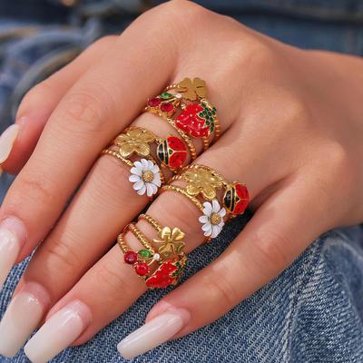 Qiong Yao Strawberry Daisy Red Enamel Multi-layer Openwork Ring Set - Stylish European & American Hand Jewelry