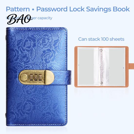 Security Cash Binder A6 Password Lock Budget Organizer, PU Leather And Relief Cover, Savings Tracker 100 Pocket Challenge Booklet for Personal Finance