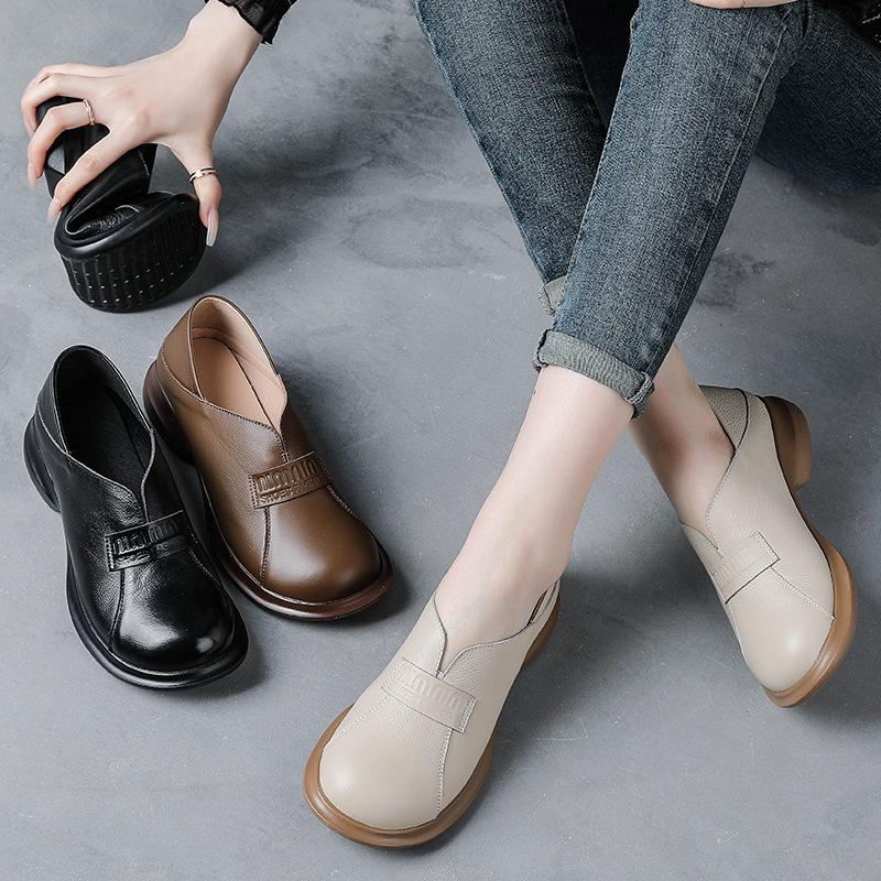 Round Head Wide Feet Women's Shoes Retro British Style Leather Shoes Thick Heel Single Shoes Genuine Leather Middle-aged Women's Shoes
