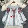 Retro Embroidered Shirt Top Female 2025 Spring Lace Up Tassel Loose Lantern Sleeves Ethnic Style Blouse Female