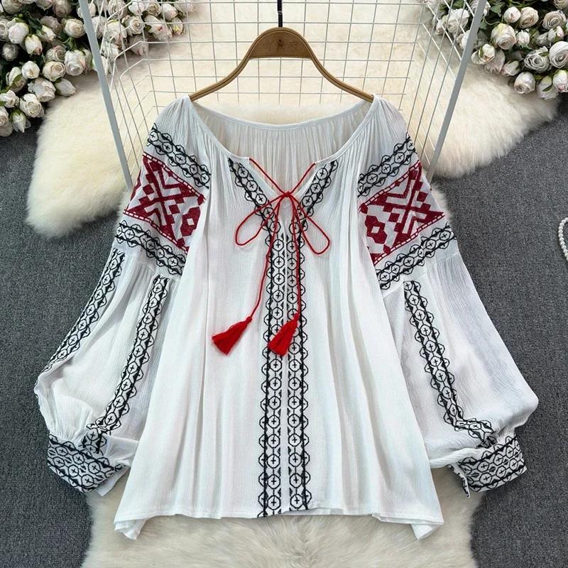Retro Embroidered Shirt Top Female 2025 Spring Lace Up Tassel Loose Lantern Sleeves Ethnic Style Blouse Female