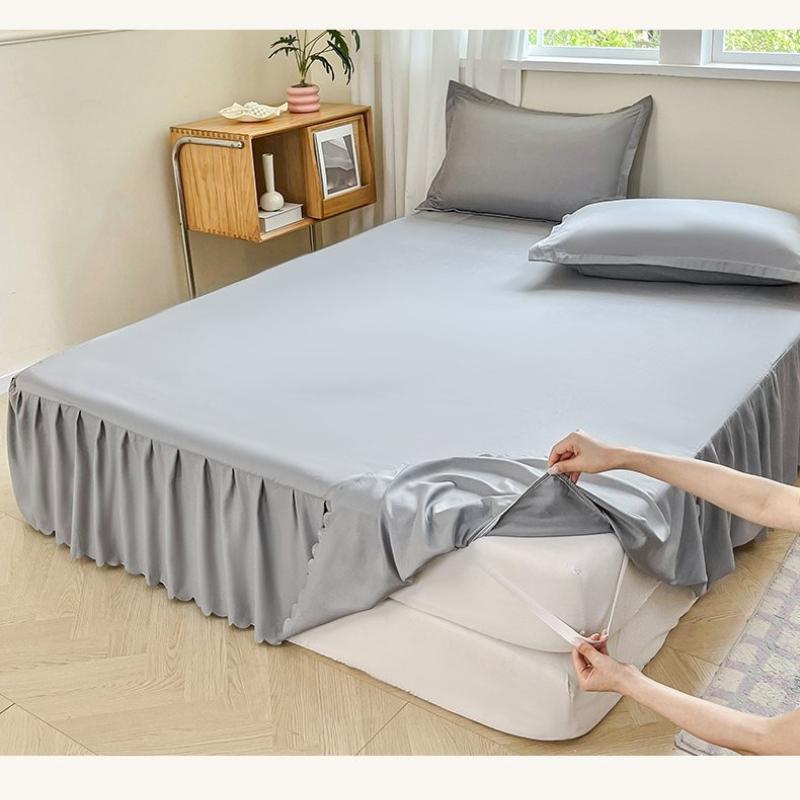 White Ruffled Bed Skirt Solid Color Dust Ruffle Cover with Elastic Cotton Washed Bedspread Non-Slip Mattress Protector Four Season Universal Bedding