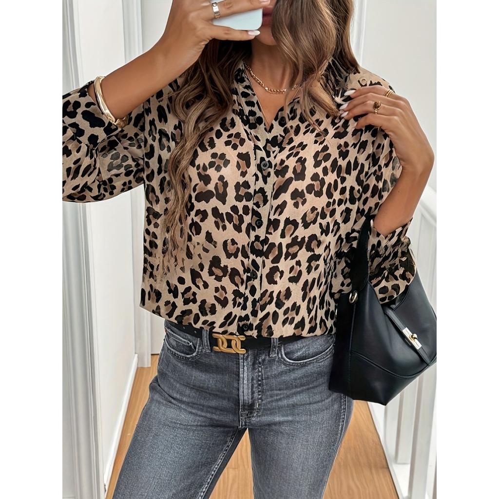 New Elegant Leopard Print Long Sleeve Loose Blouse Top for Women, Casual Shirt for European American Crossborder