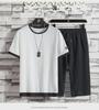 Men's Ice Silk Summer Casual Sports Suit with Graphic Text and Drawstring Shorts