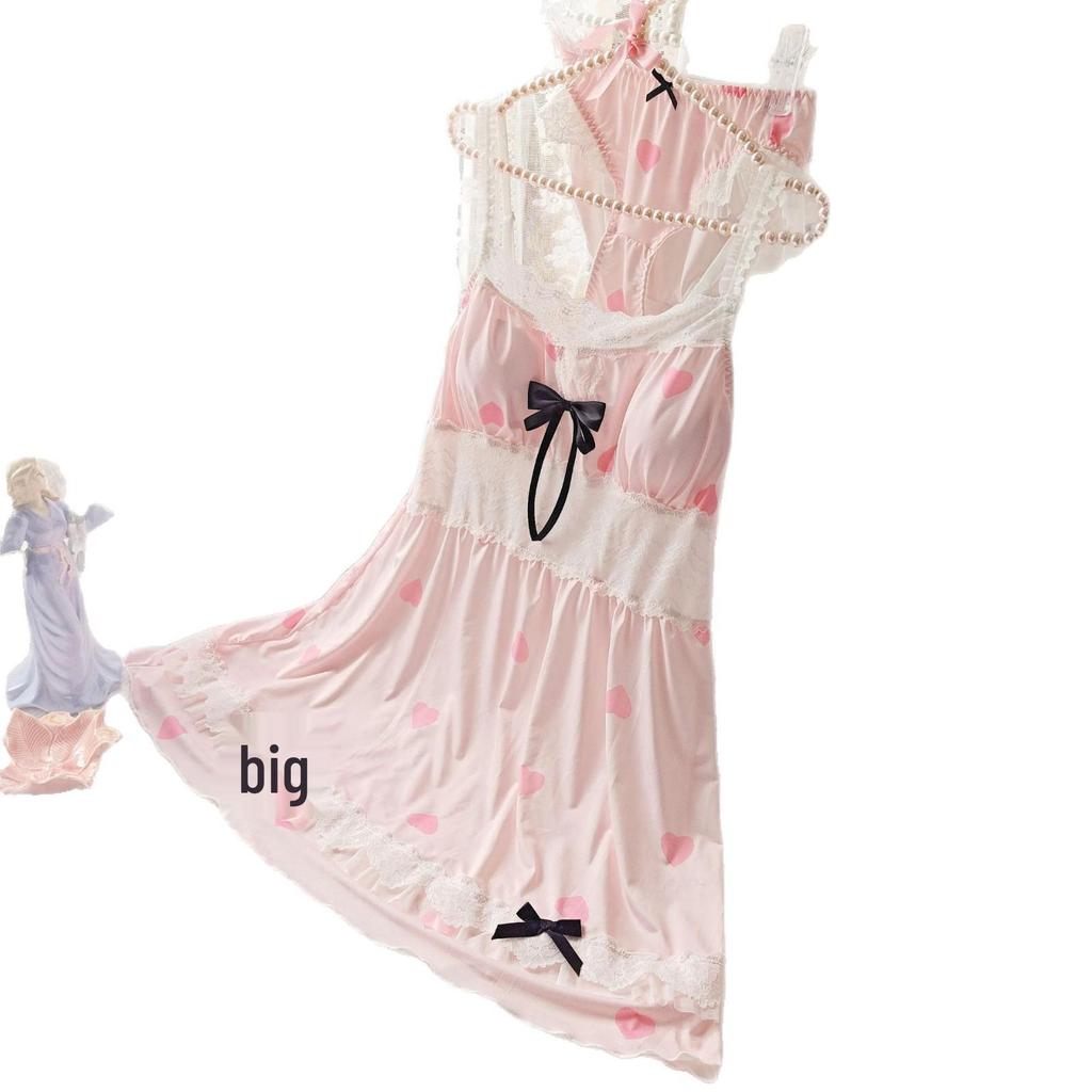 Women's Japanese Ice Silk Pajama Set: Printed Strappy Nightgown with Bow, Sweet Sexy Style, Includes Thin Bra Pads for Home Wear.