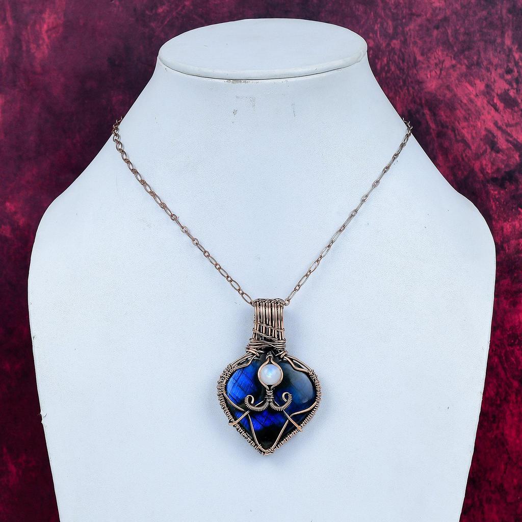 Labradorite Gemstone Pendant Copper Wire Wrapped Rainbow Moonstone Pendant