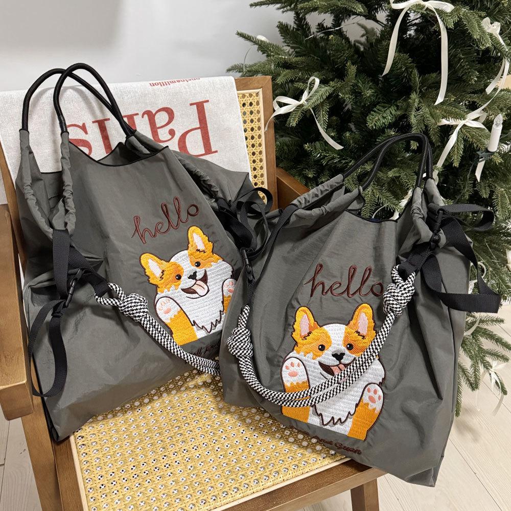 Japanese Style Handmade Waterproof Nylon Canvas Bag with Embroidered Patterns, Large Capacity
