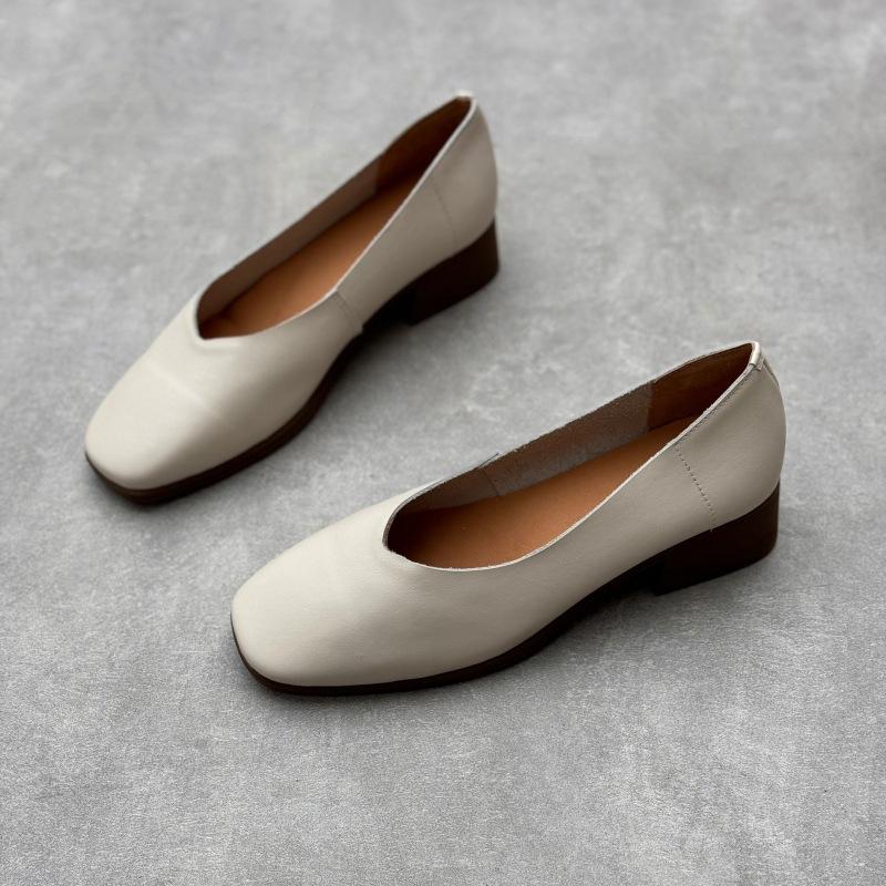 

Johnature, туфли ручной работы из натуральной кожи на толстом каблуке в стиле ретро, ​​повседневные универсальные женские туфли-лодочки из воловьей кожи на среднем каблуке 38 бежевый