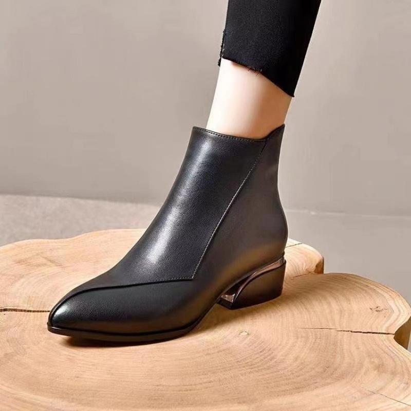 Winter New Women's French Style Ankle Boots - Pointed Toe Side Zip Low Heel Soft Leather Booties Retro Comfortable  Shoes