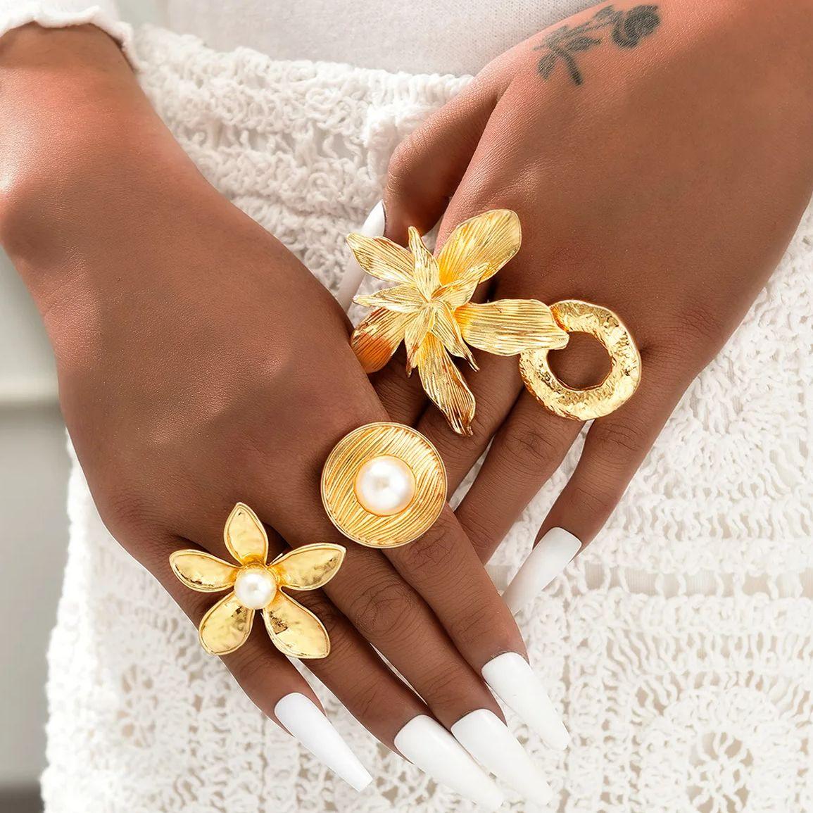 

DIEZI 4pc/set Exaggerated Geometric Flower Pearl Knuckle Rings For Women Girls Men Vintage Punk Gold Color Joint Ring Jewelry
