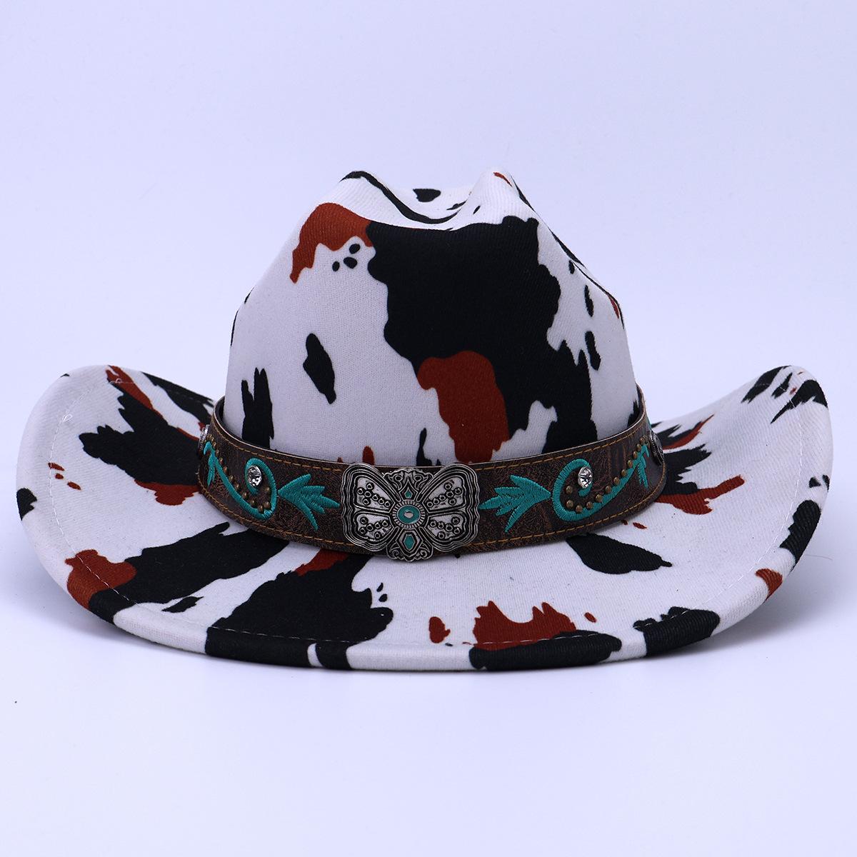 

Warped Edge Cow Pattern Western Cowboy Hat Men And Women Outdoor Travel Hat Rolled Brim Ethnic Style Top Hat Felt Hat M（56-58cm）