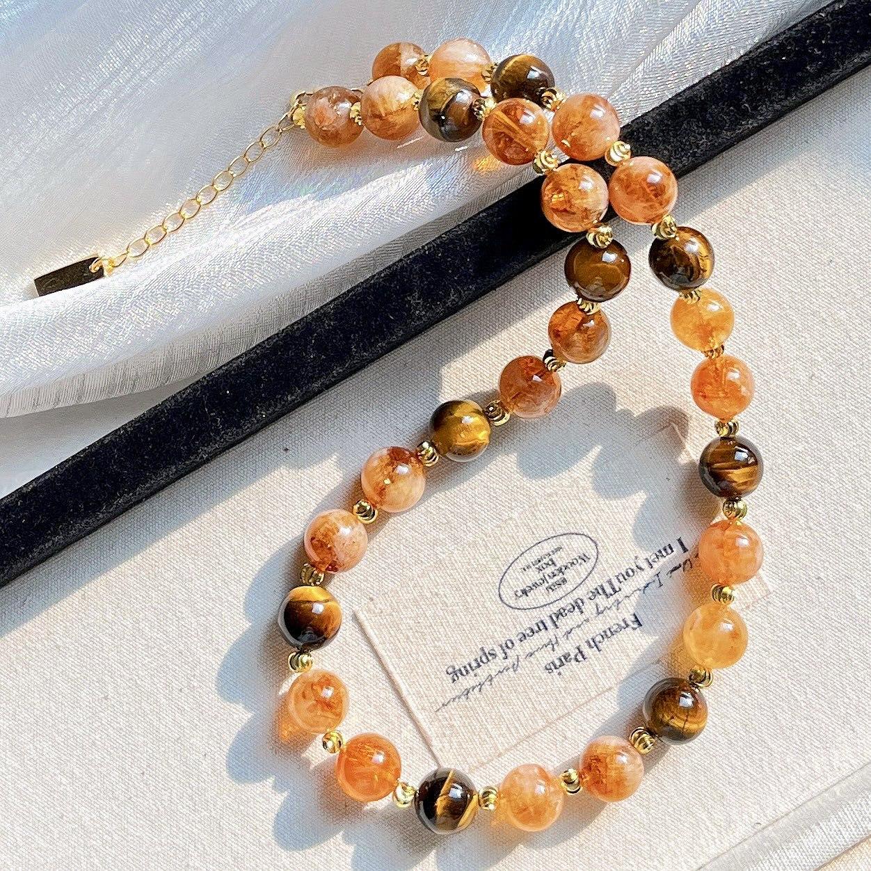 10Mm Natural Citrine Huangta Crystal Tiger S Eye Stone Design Necklace Clavicle Chain Sweater Chain