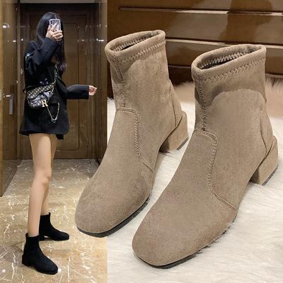 Autumn New Women's Boots Low Tube Square Head Chelsea Suede Middle Heel Thermal Boots Cover Foot Velvet Short Boots